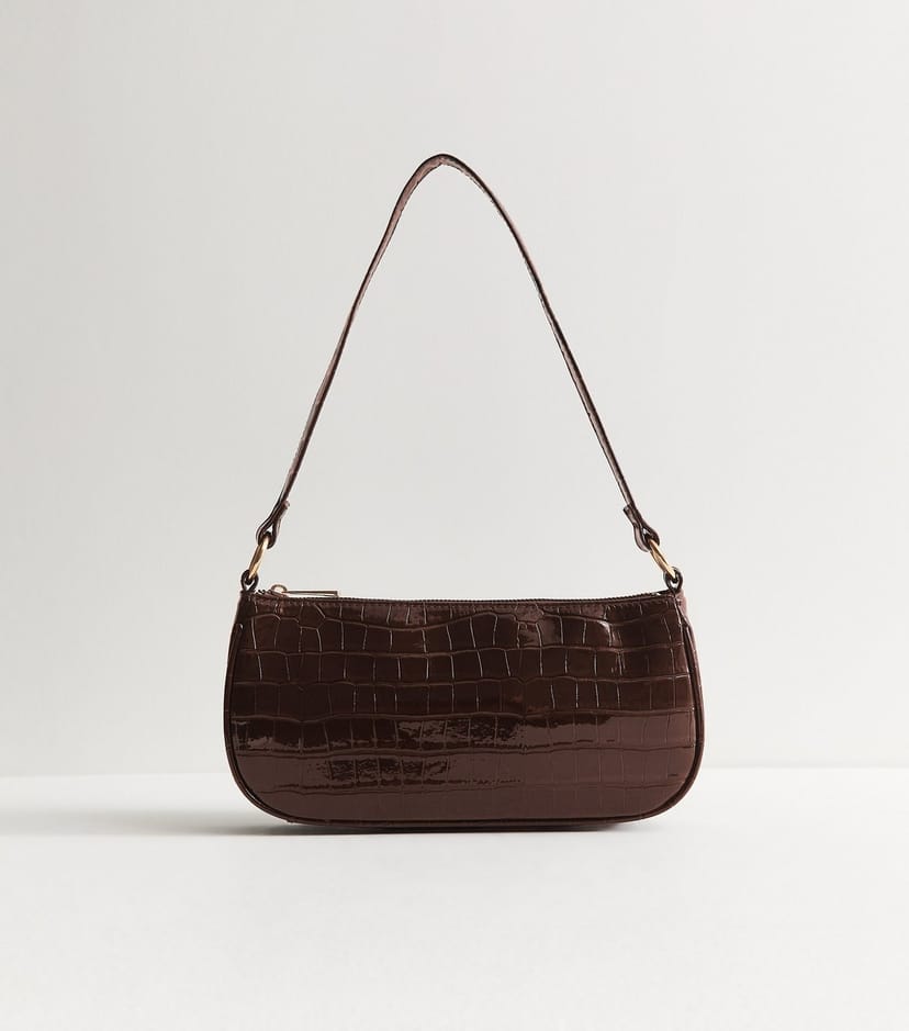 New Look Dark Brown Patent Faux Leather Crocodile Embossed Shoulder Bag New Look - 1