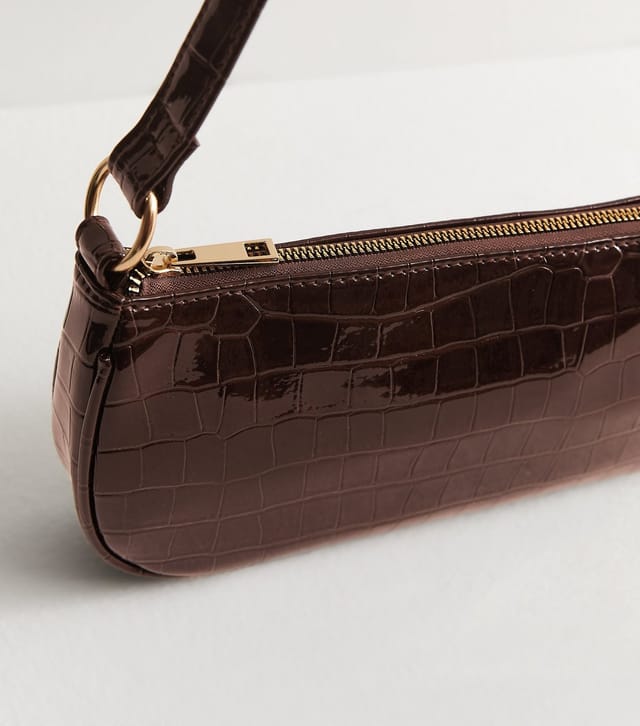 New Look Dark Brown Patent Faux Leather Crocodile Embossed Shoulder Bag New Look - 3