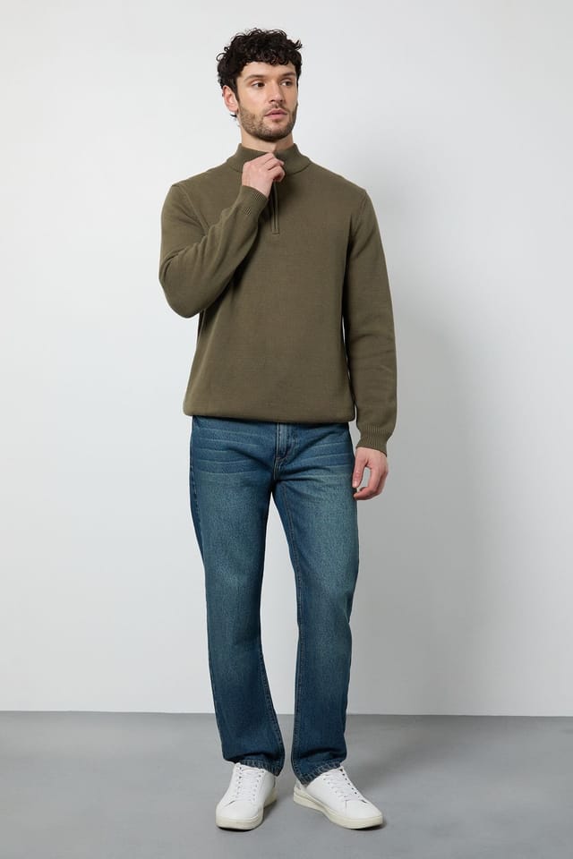 Maine Maine Men's Premium Pure Cotton Half Zip Funnel Jumper in Khaki - 2