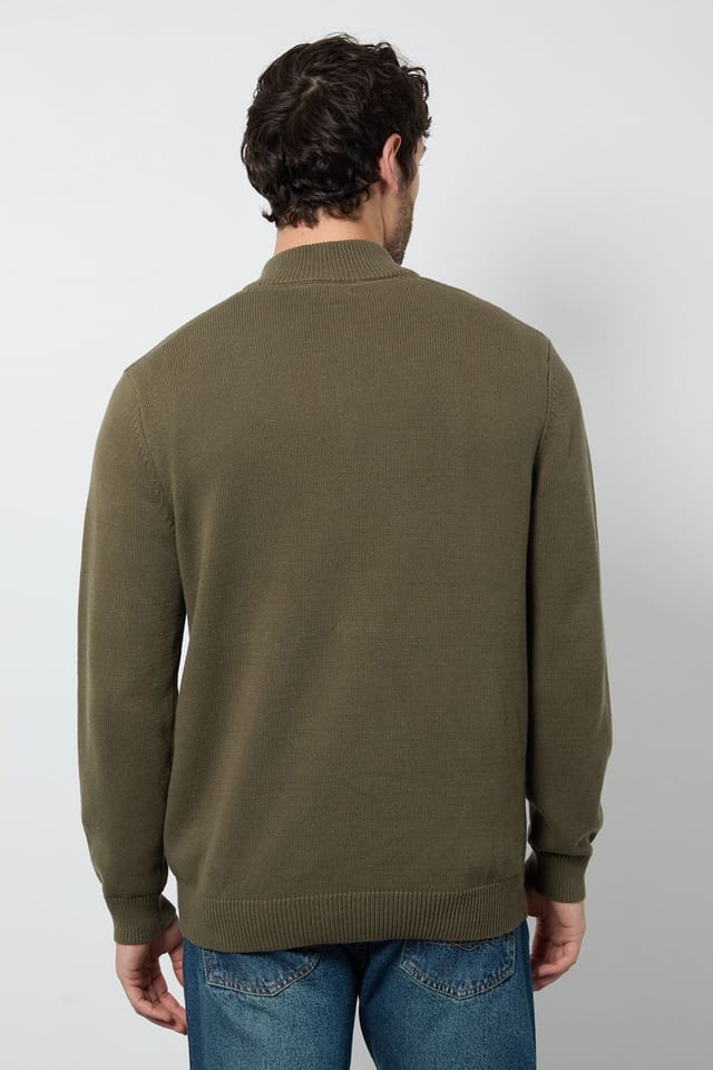 Maine Maine Men's Premium Pure Cotton Half Zip Funnel Jumper in Khaki - 3