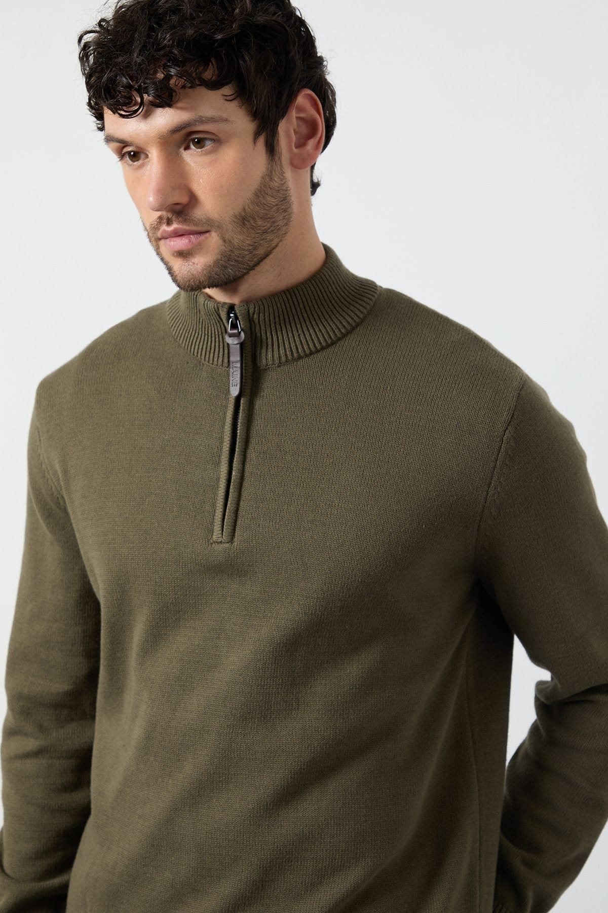 Maine Maine Men's Premium Pure Cotton Half Zip Funnel Jumper in Khaki - 4