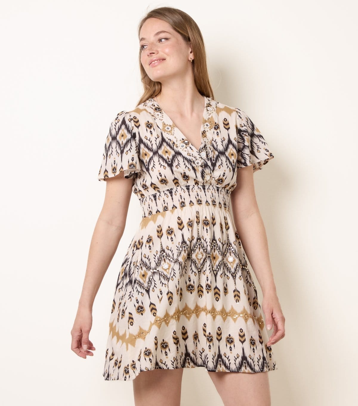 Women's Stone Embroidered Wrap Front Dress Blue Vanilla New Look