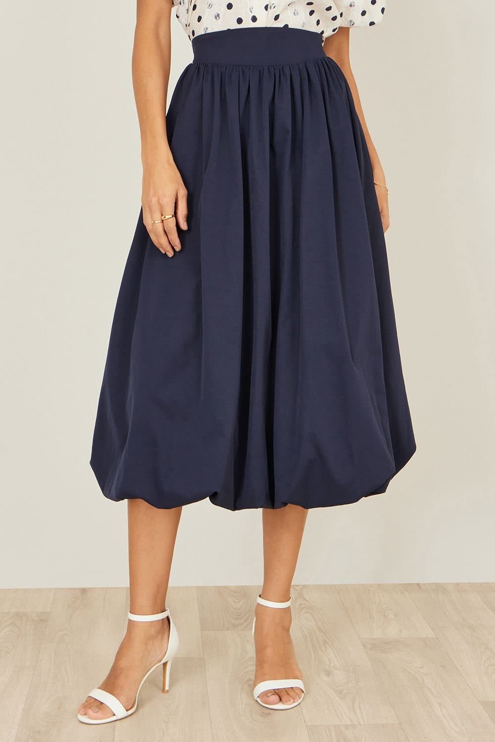 Yumi Yumi Women's Navy Satin Bubble Hem Midi Skirt