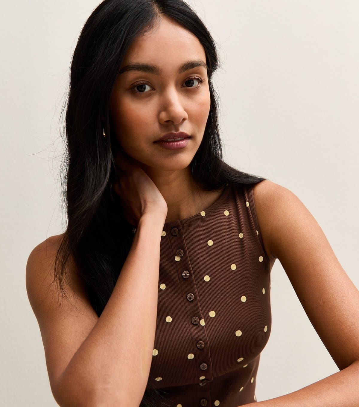 New Look Women's Brown Polka Dot Button Up Tank Top New Look