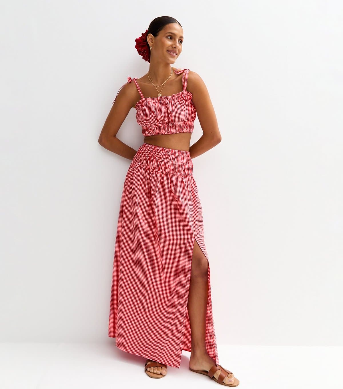 New Look Women's Red Gingham Check Slit Hem Maxi Skirt New Look