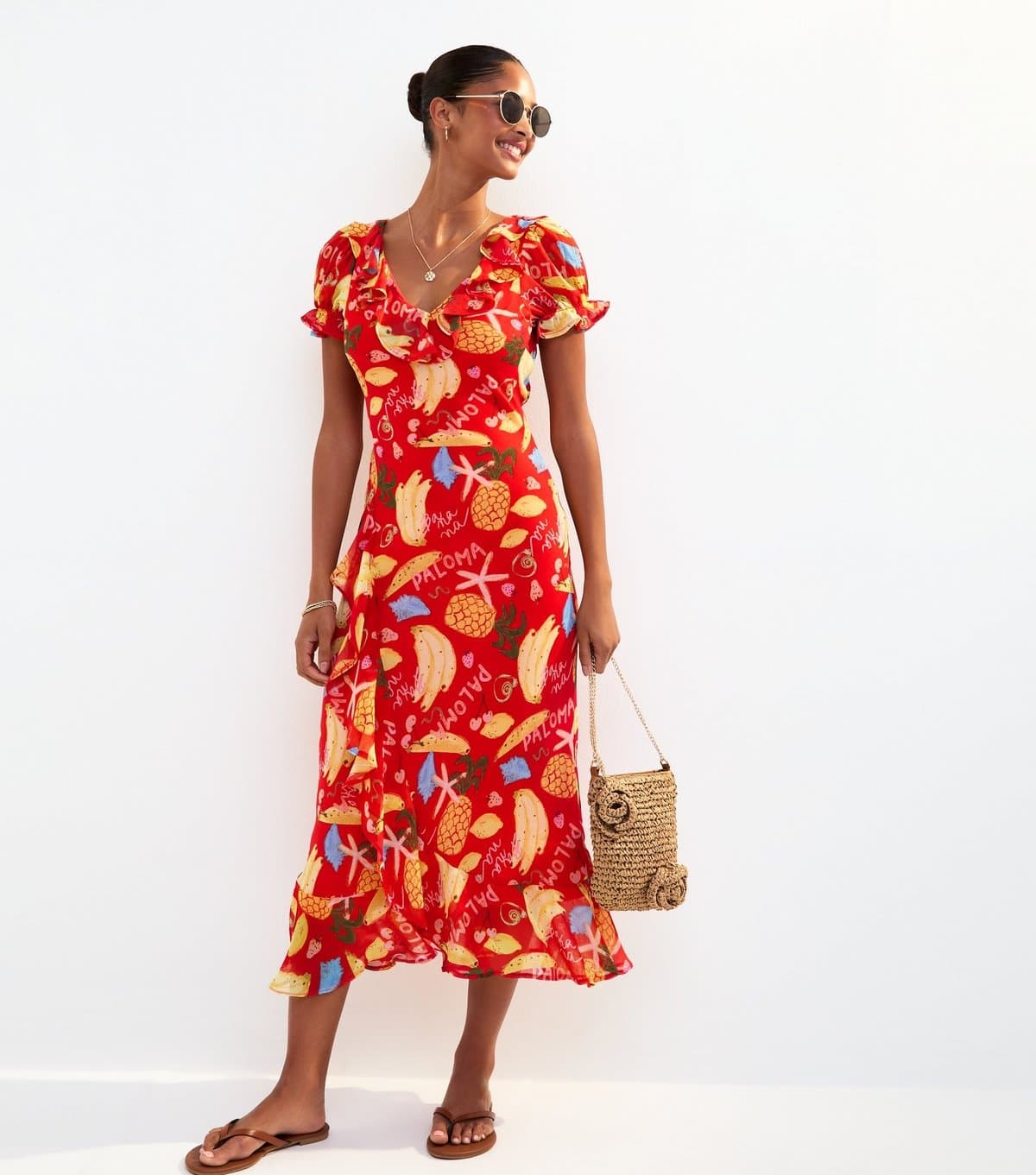 New Look Women's Red Tropical Print Ruffle Trim Chiffon Midi Dress New Look