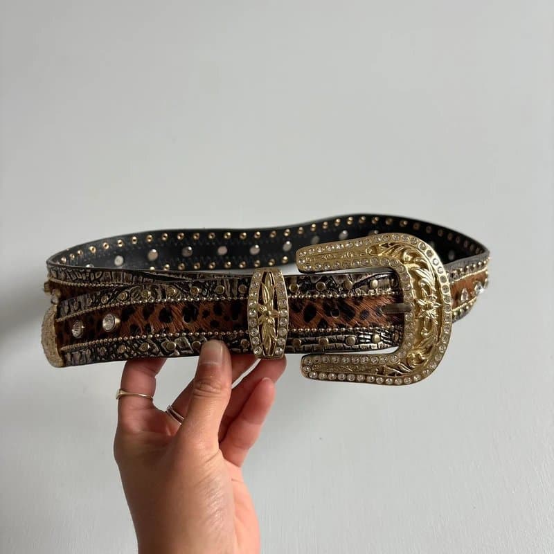 y2k Leopard print studded rhinestone belt
