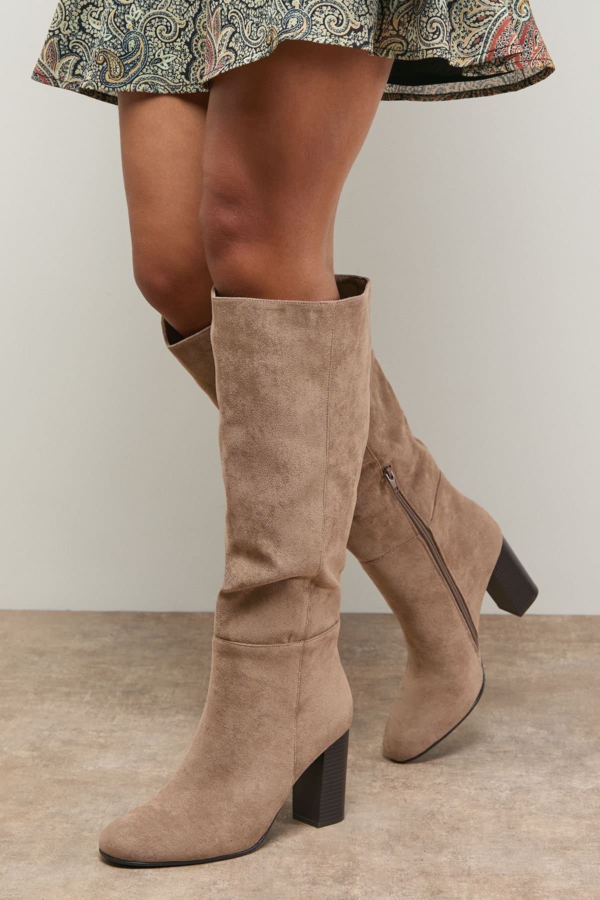 Oasis Oasis Women's Tamsin Faux Suede Stacked High Block Heel Knee Boots in Beige