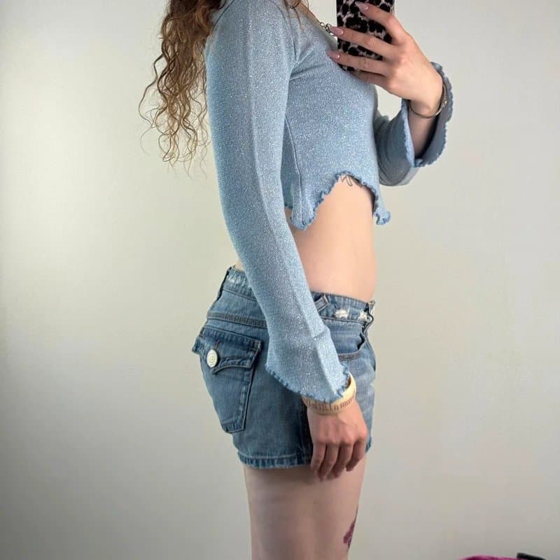 New Look Y2K vintage sparkly knit cropped jumper long flare sleeve fairy lettuce hem