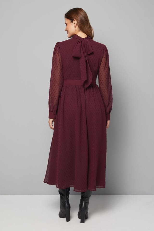 Wallis Wallis Women's Dobby Tie Neck Detail Midaxi Dress in Plum - 3