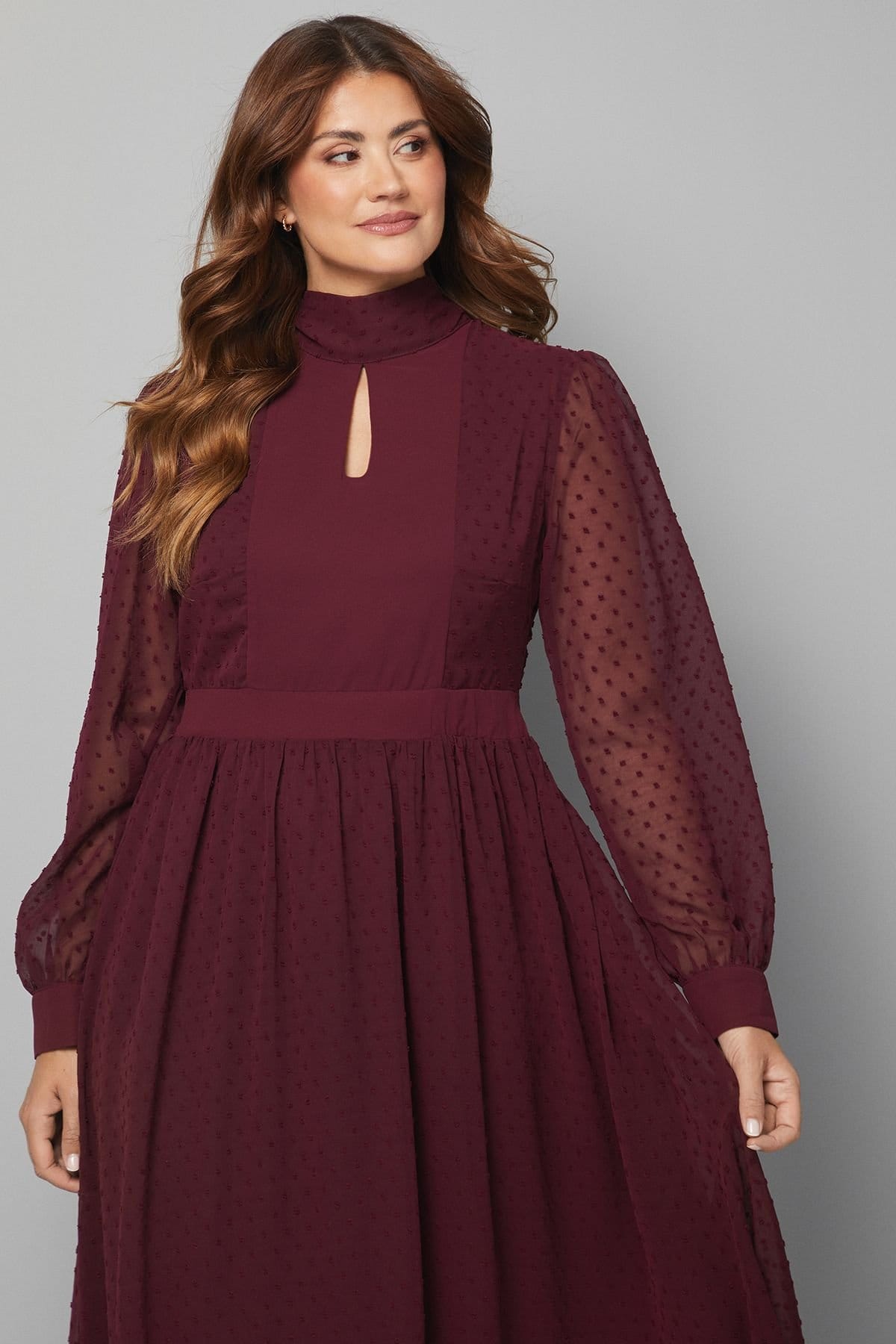 Wallis Wallis Women's Dobby Tie Neck Detail Midaxi Dress in Plum - 4