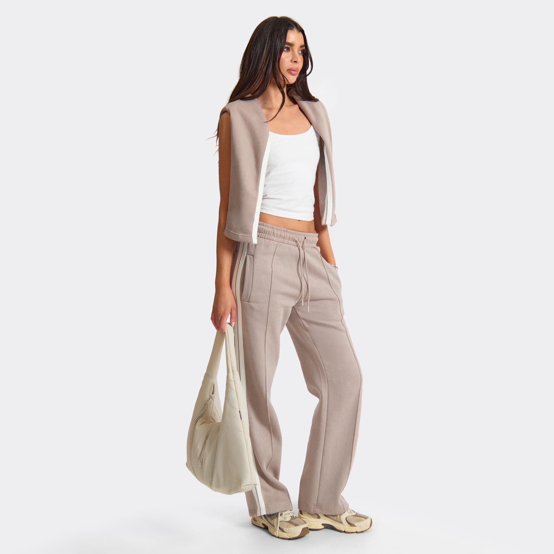 EGO Drawstring Waist Front Seam Side Stripe Detail Joggers In Beige, Women's Size UK L