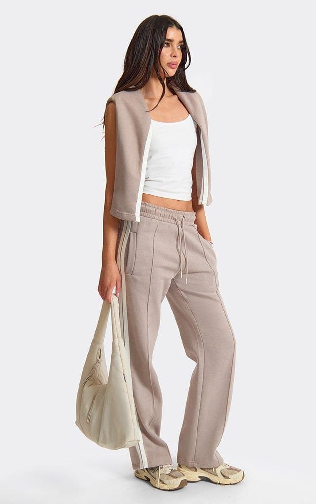 EGO Drawstring Waist Front Seam Side Stripe Detail Joggers In Beige, Women's Size UK L - 2