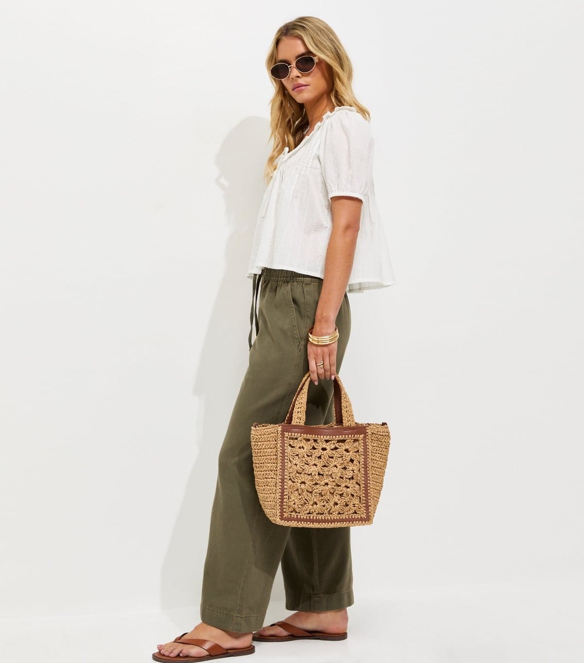 New Look Women's Petite Dark Khaki Twill Cotton Wide Leg Trousers New Look