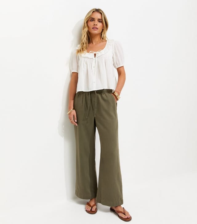 New Look Women's Petite Dark Khaki Twill Cotton Wide Leg Trousers New Look - 2