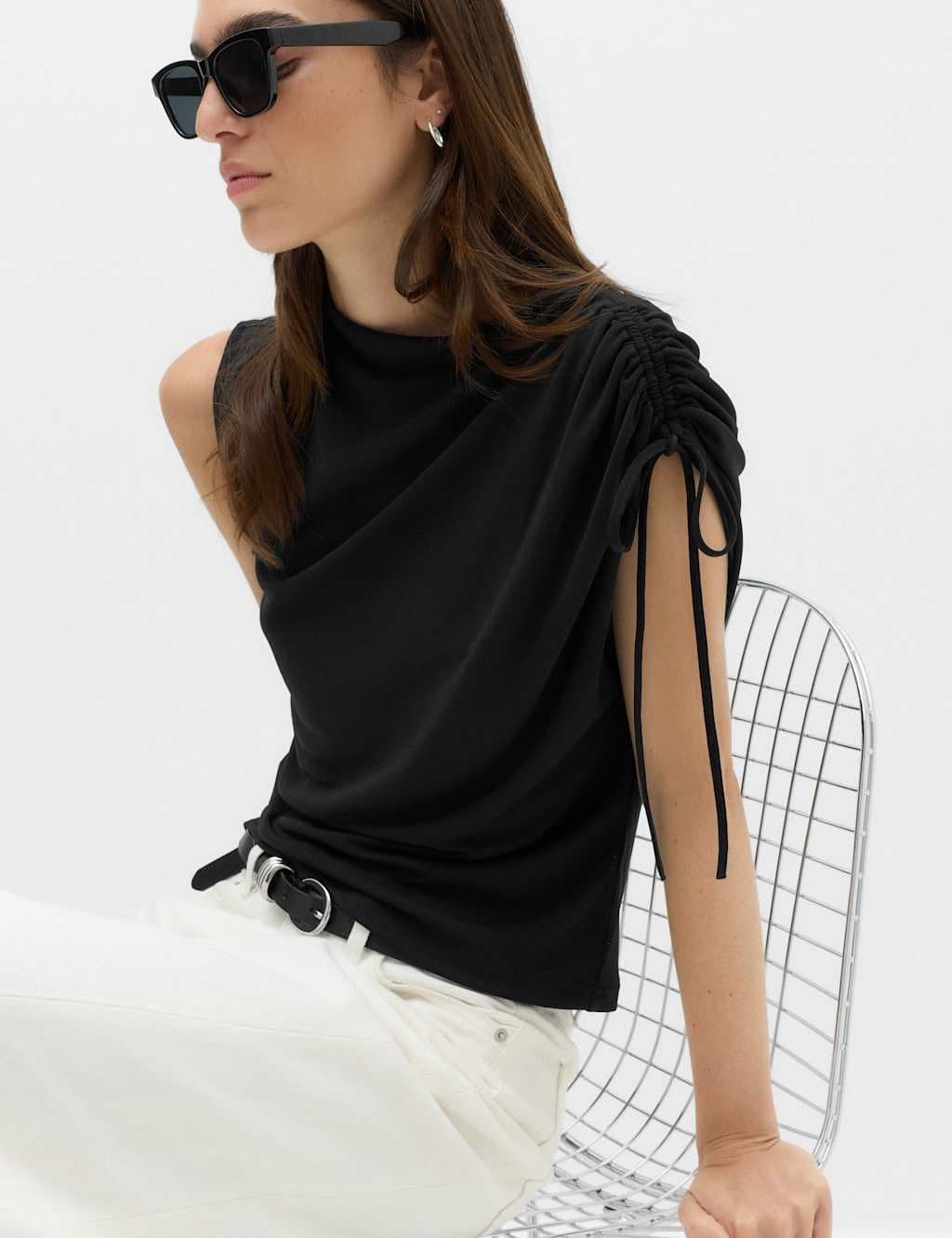 Marks & Spencer M&S Sleeveless Shoulder Tie Draped Top Black