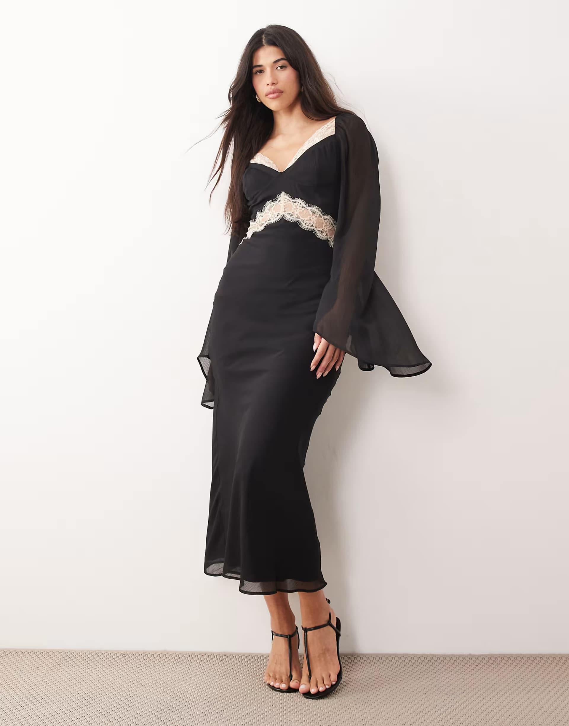 ASOS ASOS DESIGN lace applique chiffon mix draped sleeve midi dress in mono