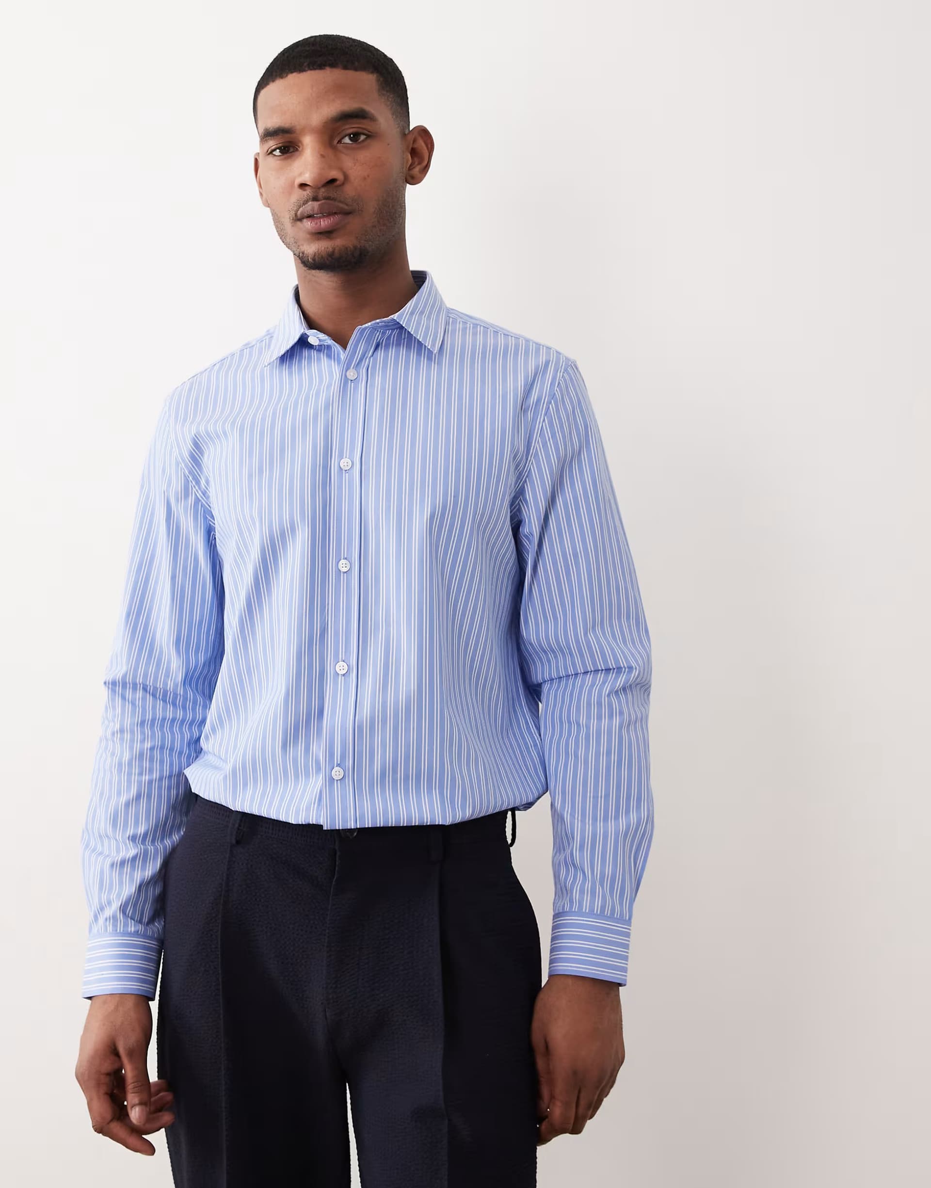 ASOS ASOS DESIGN regular fit smart poplin stripe shirt in blue and white