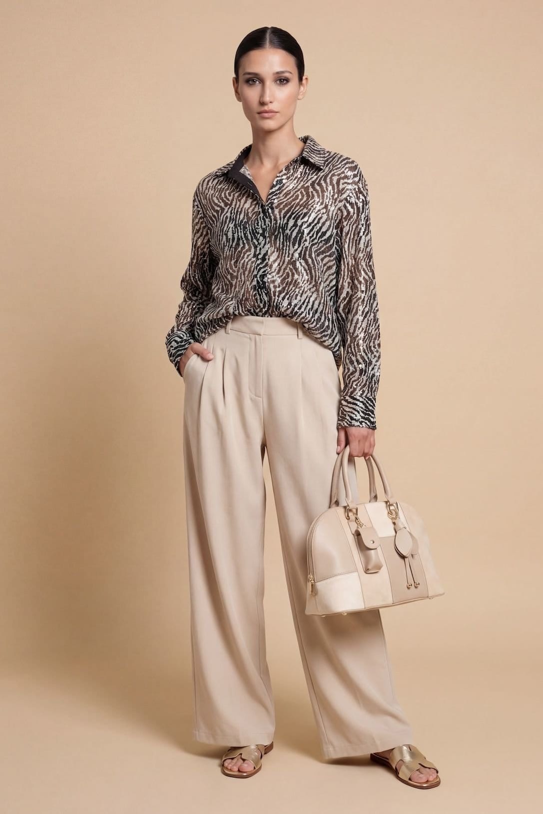 Little Mistress Little Mistress Women's Beige Pleat Wide Leg Trousers - 2