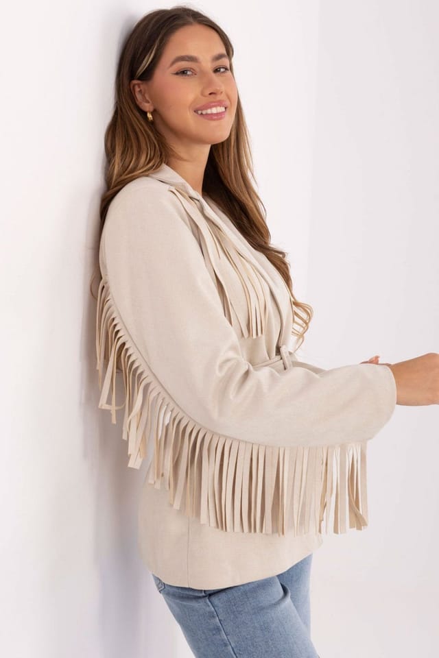 Love Lace Love Lace Women's Boho Suede Look Belted Fringed Blazer in Beige - 2