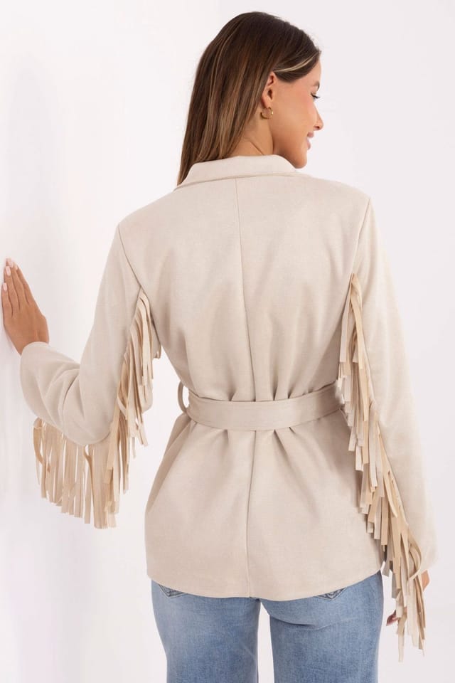 Love Lace Love Lace Women's Boho Suede Look Belted Fringed Blazer in Beige - 3