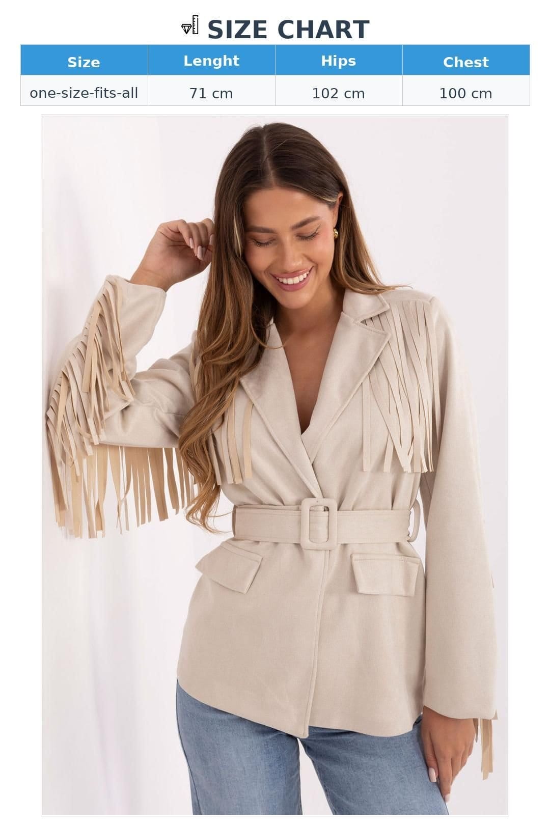 Love Lace Love Lace Women's Boho Suede Look Belted Fringed Blazer in Beige - 4