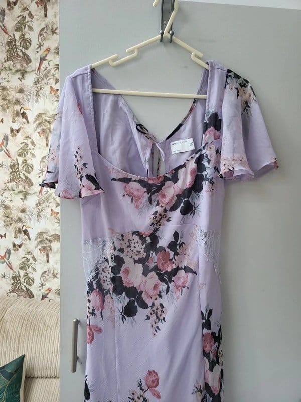 ASOS Design Lilac Floral Occasion Long Dress with Lace