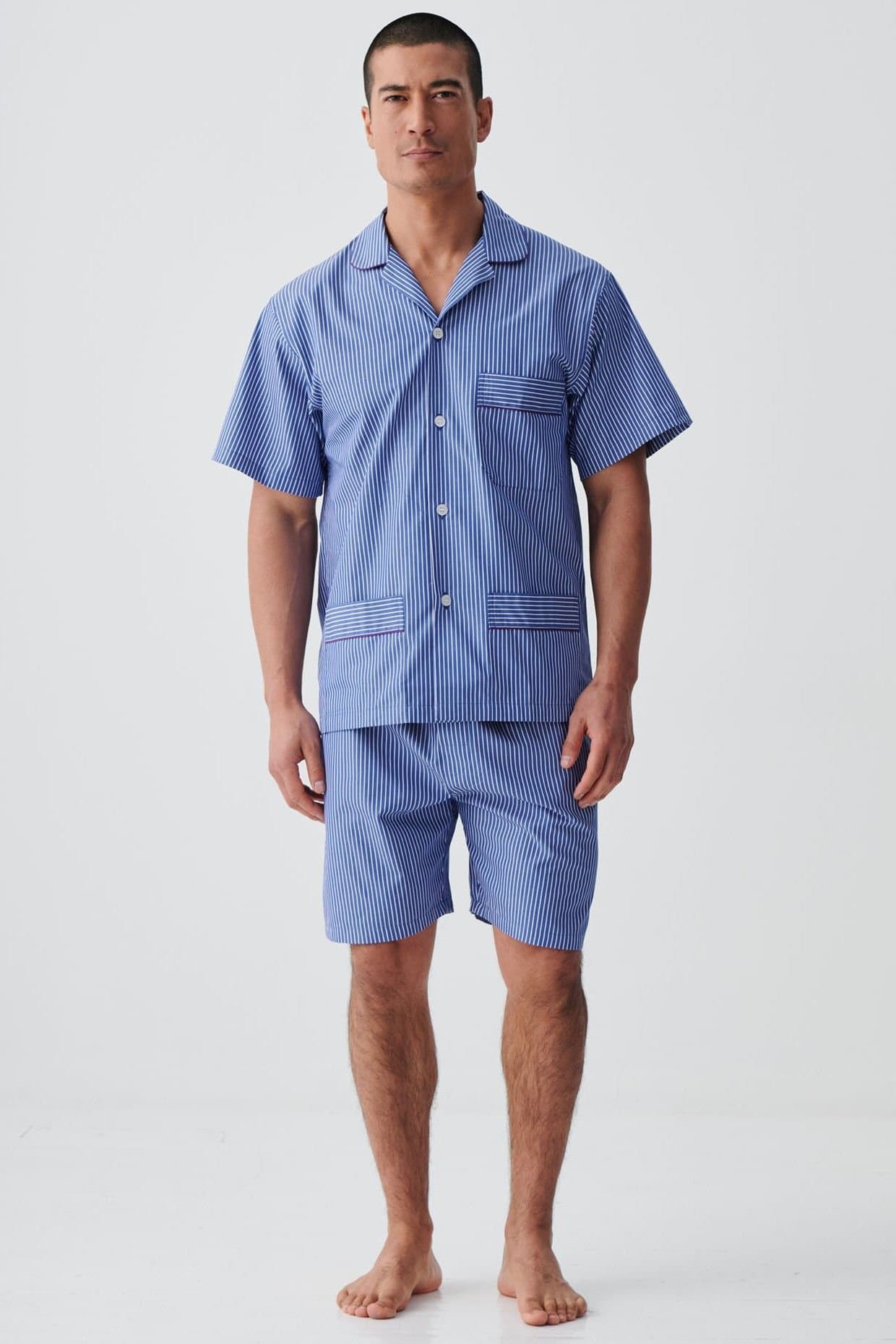 British Boxers British Boxers Men's "Stowe Prussian Blue & White Stripe" Crisp Cotton Short Pyjama Set in Navy