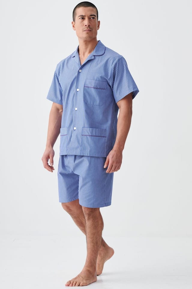 British Boxers British Boxers Men's "Stowe Prussian Blue & White Stripe" Crisp Cotton Short Pyjama Set in Navy - 2