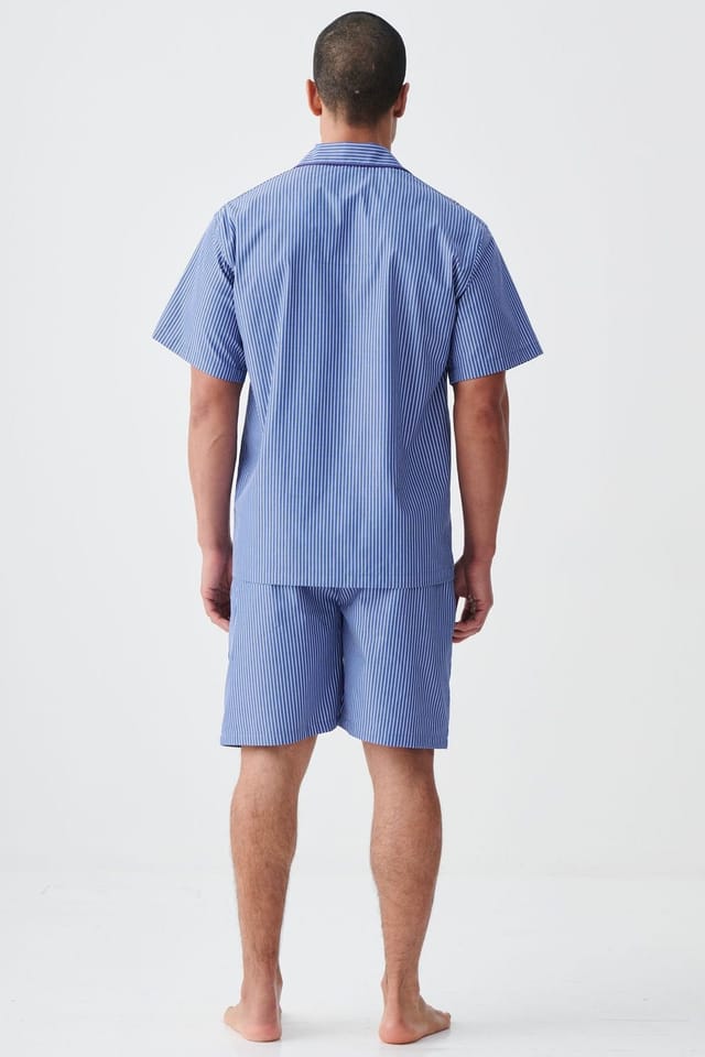 British Boxers British Boxers Men's "Stowe Prussian Blue & White Stripe" Crisp Cotton Short Pyjama Set in Navy - 3