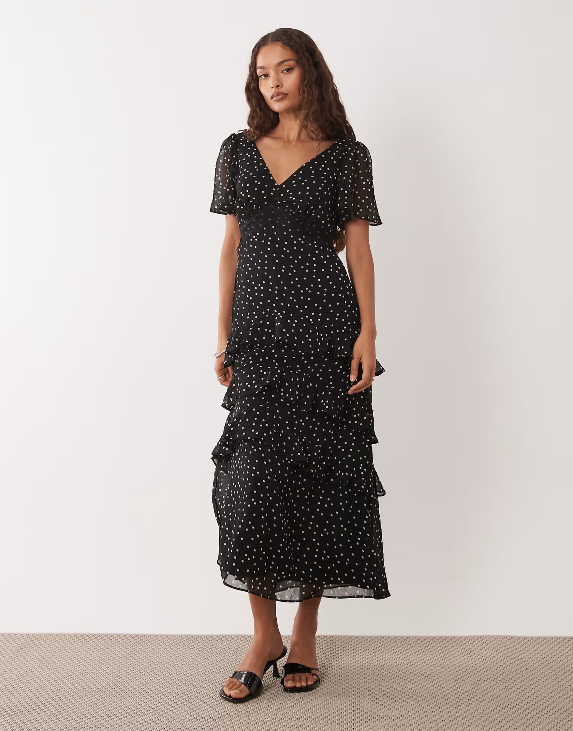 ASOS New Look Petite chiffon tiered polka dot maxi dress in black