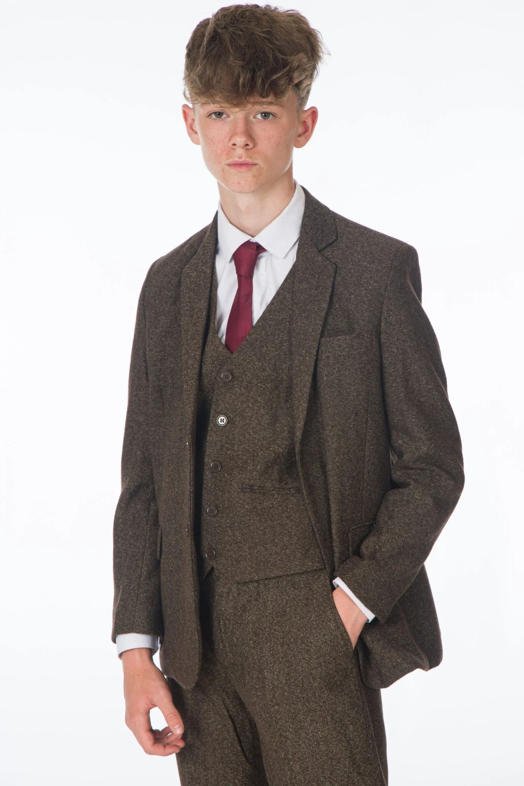 Vivaki Vivaki Men's 5 Piece Dark Brown Tweed Suit