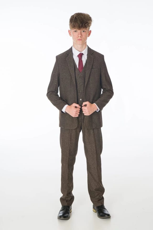 Vivaki Vivaki Men's 5 Piece Dark Brown Tweed Suit - 3