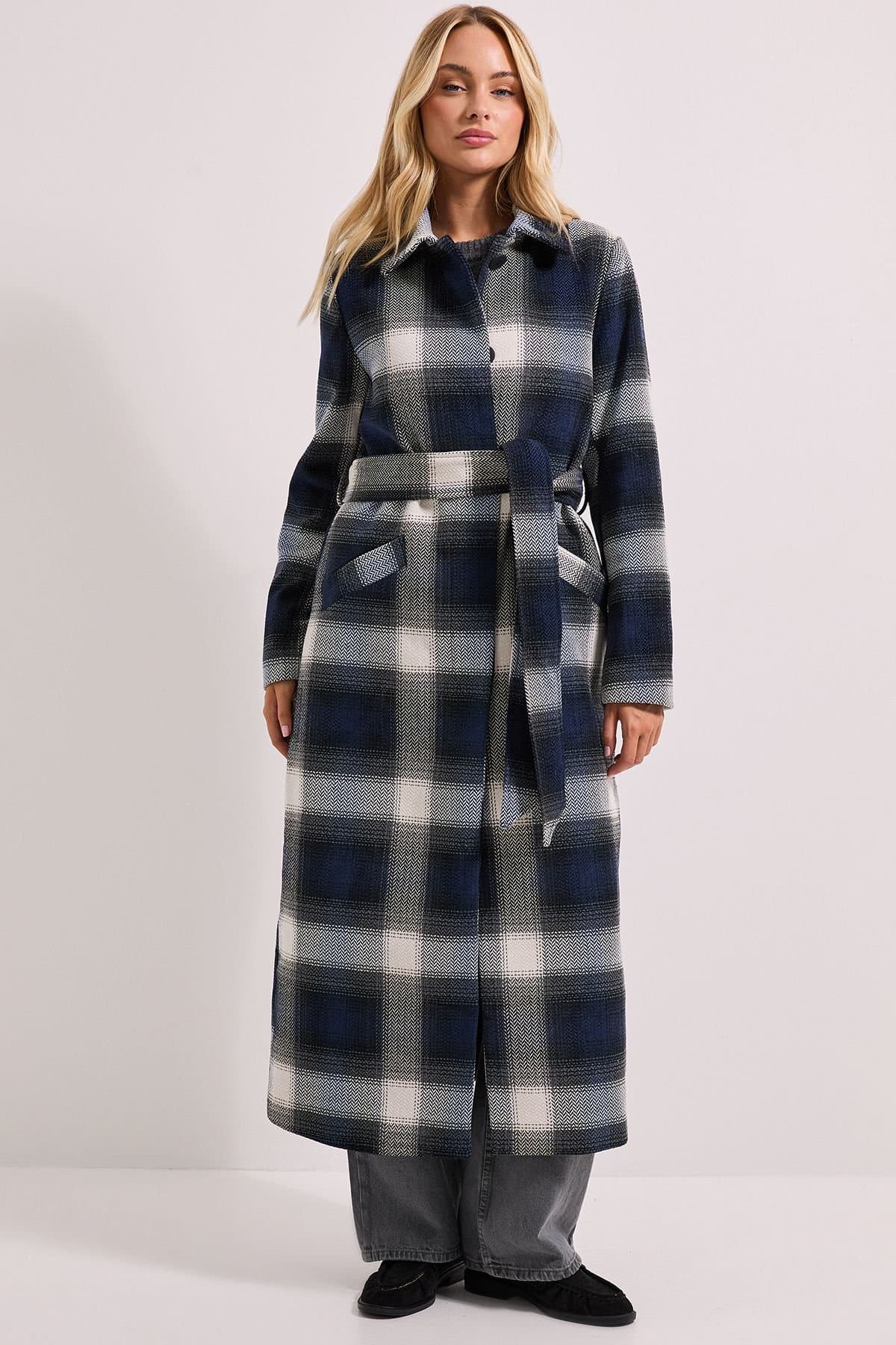 Dorothy Perkins Dorothy Perkins Women's Check Detail Fur Cuff Detail Belted Coat in Navy