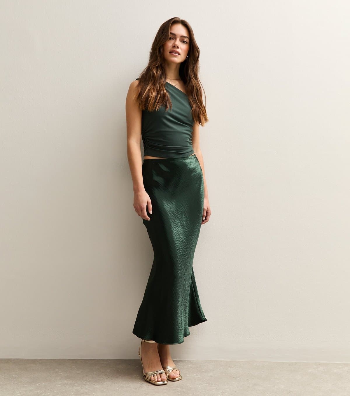 New Look New Look Dark Green Textured Satin Midi Skirt