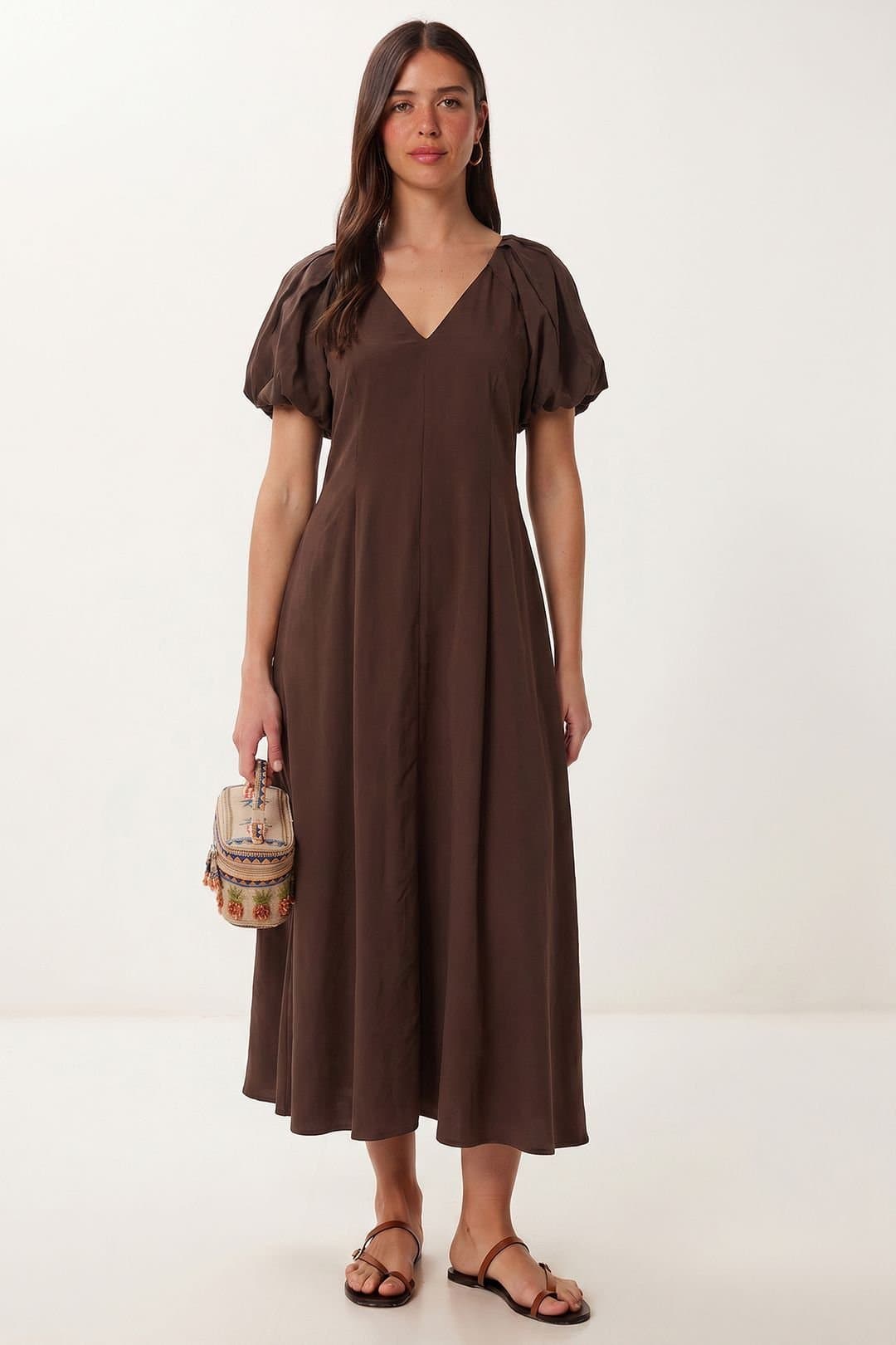 Happiness Istanbul Happiness Istanbul Women's A-line Midi Dress With V-neck in Brown