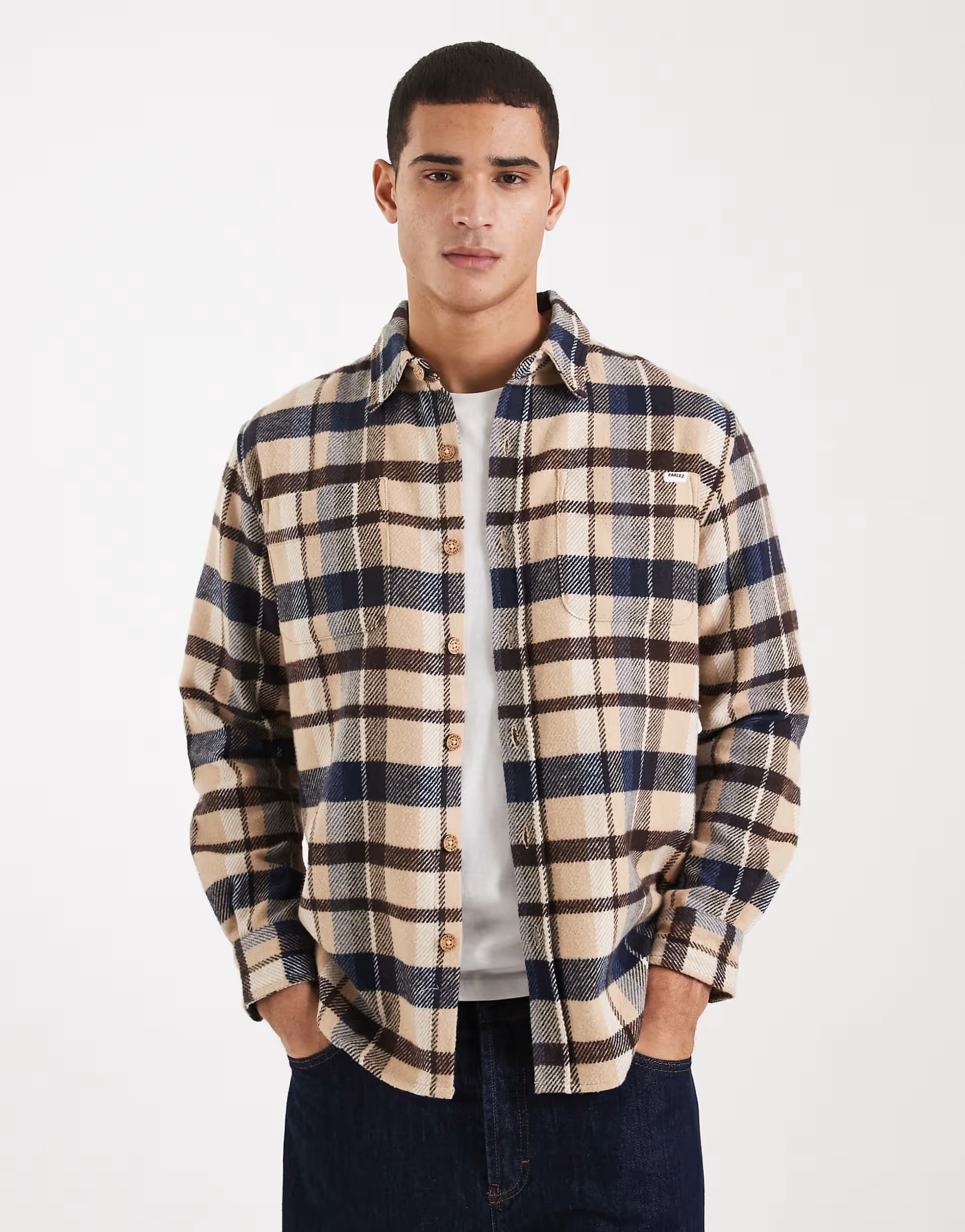 ASOS Parlez long sleeve logo shirt in blue and beige check