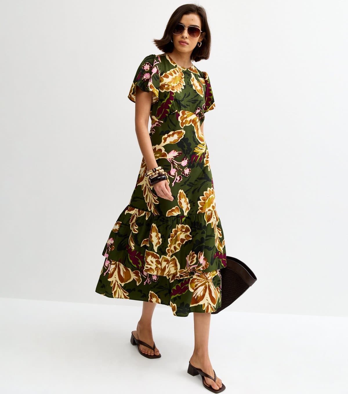 New Look Women's Green Crepe Floral Short Sleeve Tiered Midi Dress New Look