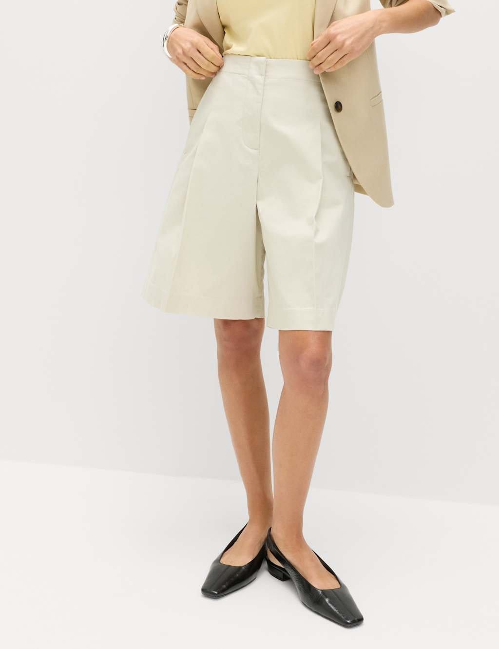 M&S Ecru Cotton Rich High Waisted Pleated Bermuda Shorts
