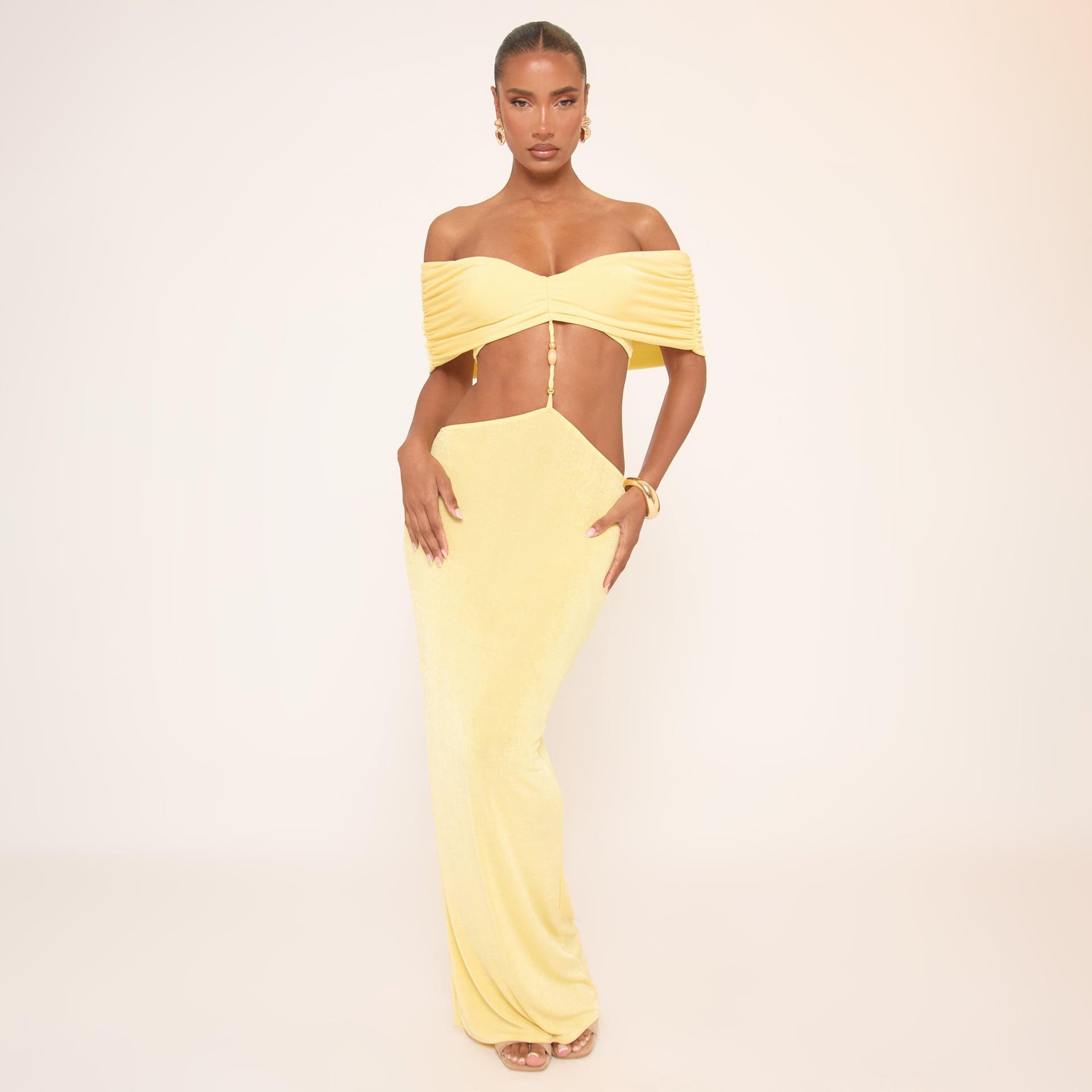 EGO Bardot Beaded Trim Detail Cut Out Maxi Dress In Yellow, Women's Size UK 4