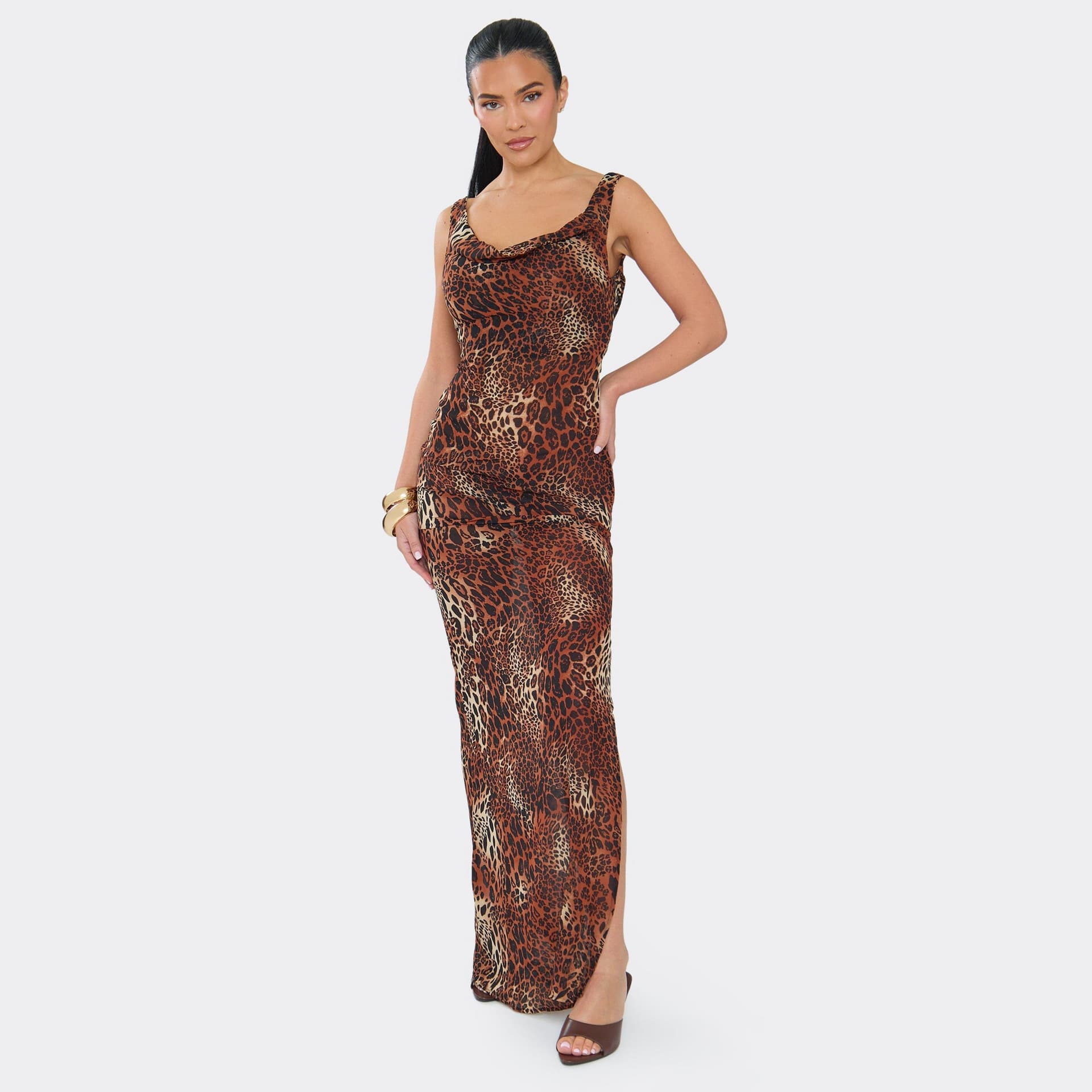 EGO Strappy Cowl Neck Open Back Maxi Dress In Multi Animal Print., Women's Size UK 8