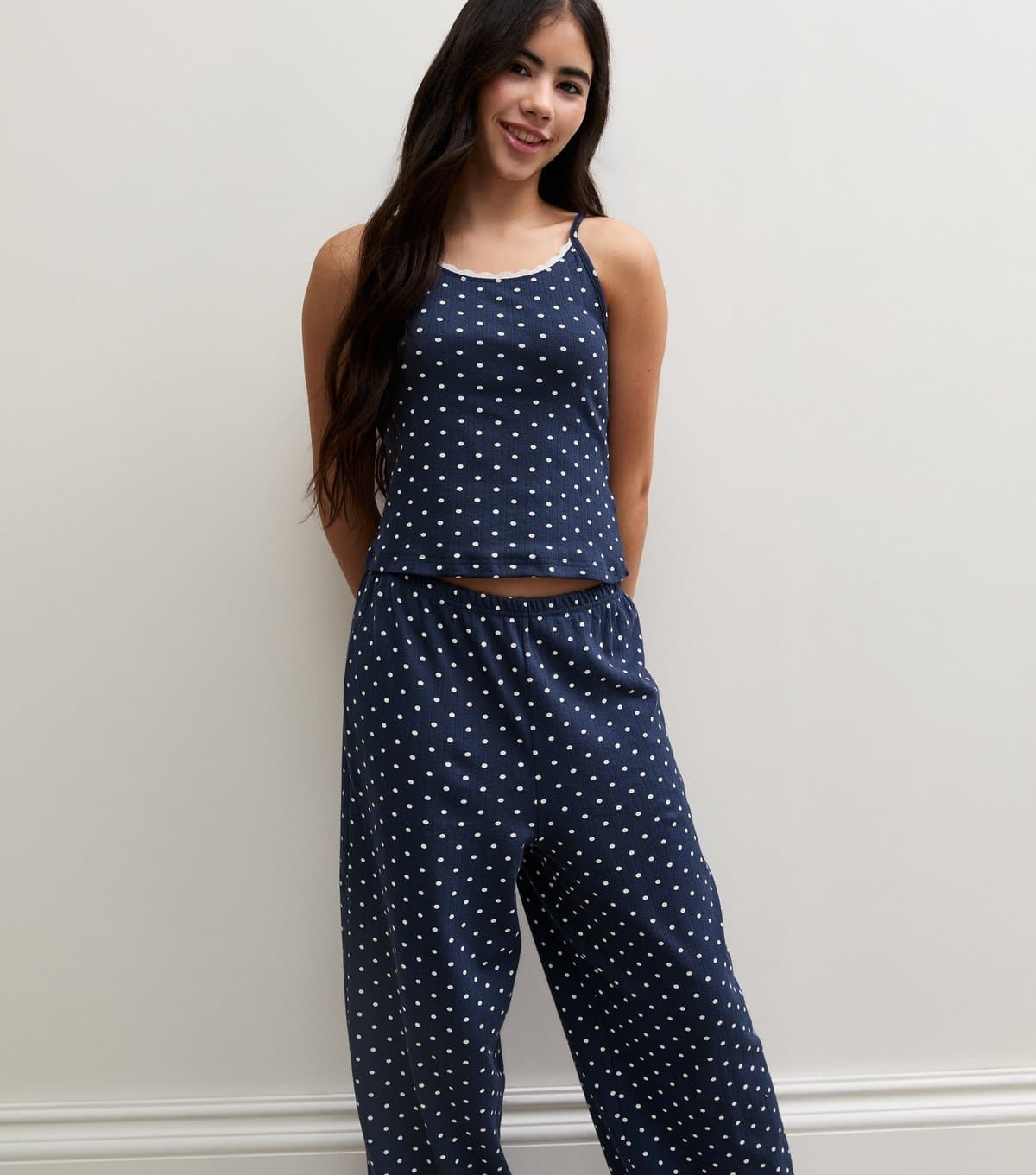 New Look Girls' Navy Spot Pointelle Cami Top and Trousers Pyjama Set New Look