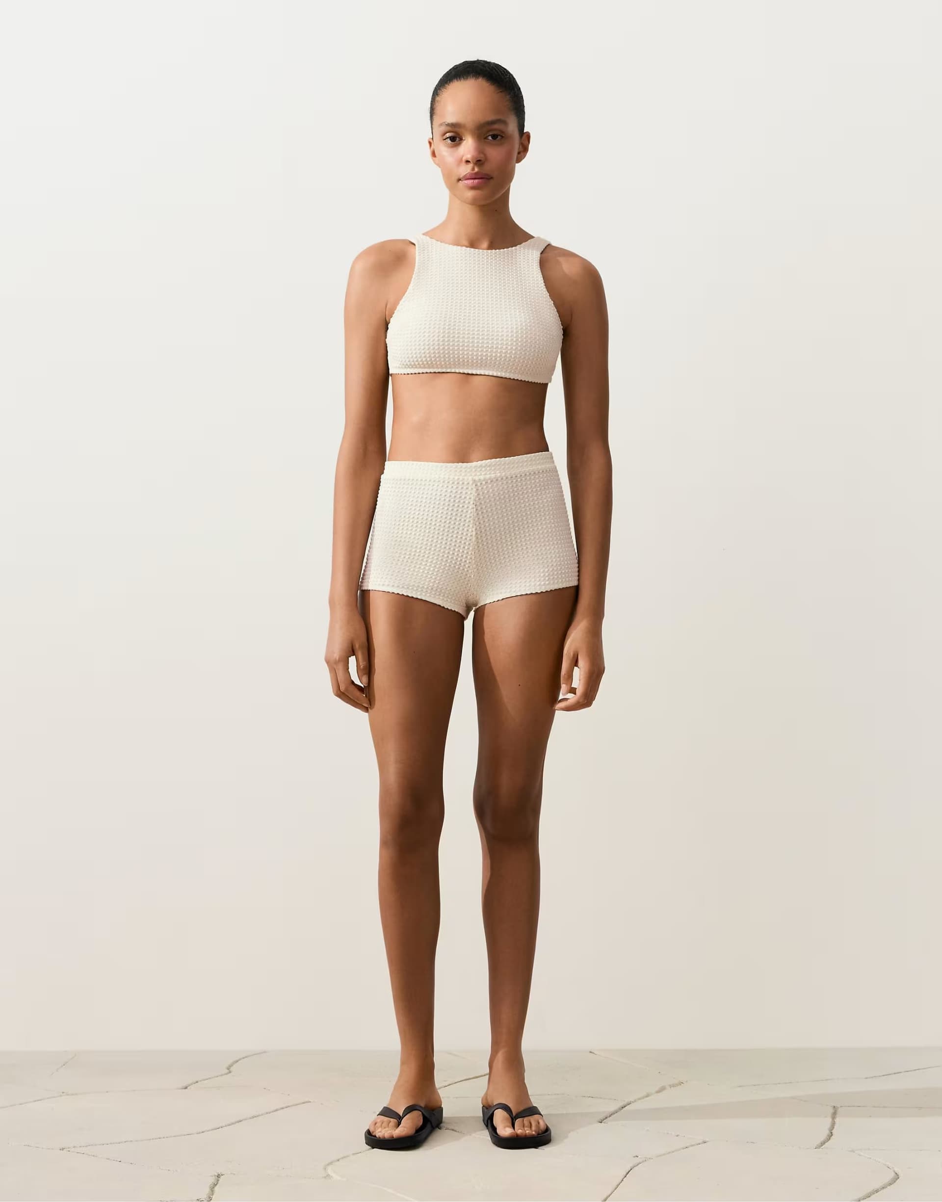 ASOS OYSHO Bubble-texture crochet high-waisted bikini shorts in ecru