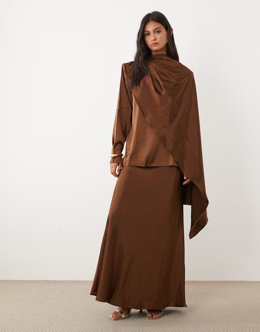 ASOS JW PEI exclusive satin maxi slip skirt co-ord in chocolate - 1