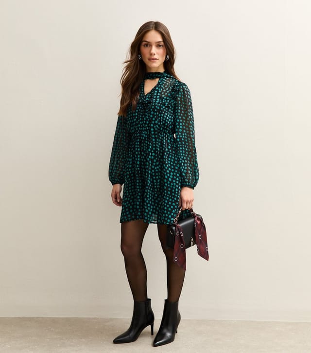 New Look Women's Petite Blue Spotty Pussybow Mini Dress New Look - 3
