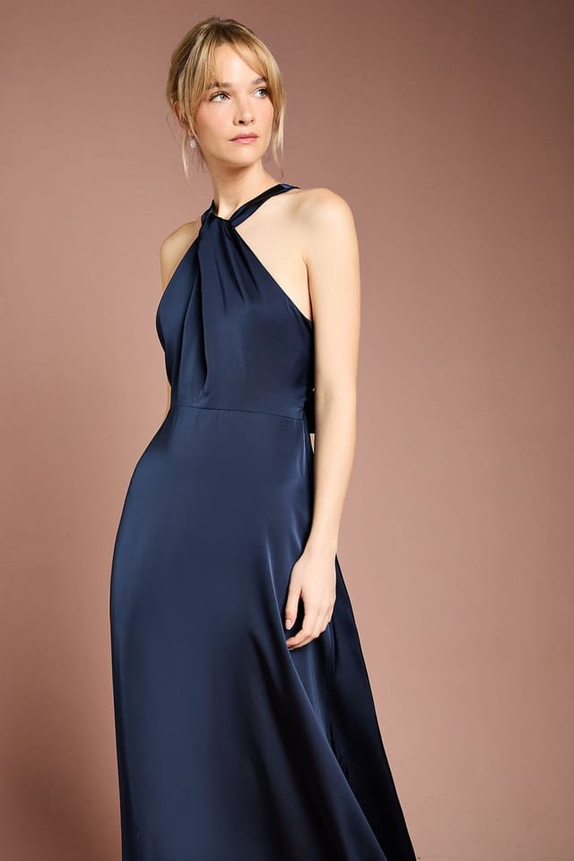 Coast Coast Women's Honoured Twist Halterneck Satin Maxi Bridesmaid Dress in Navy - 2