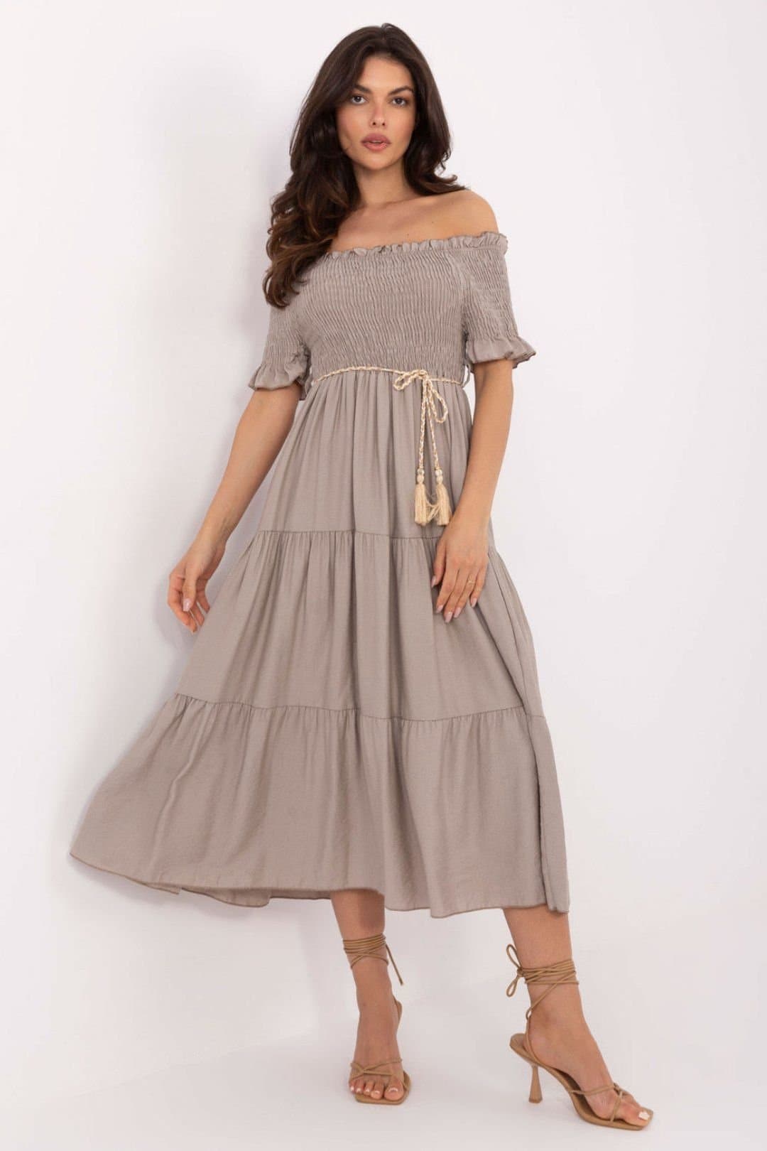 Love Lace Love Lace Women's Flared Summer Midi Dress Spanish Neck in Beige