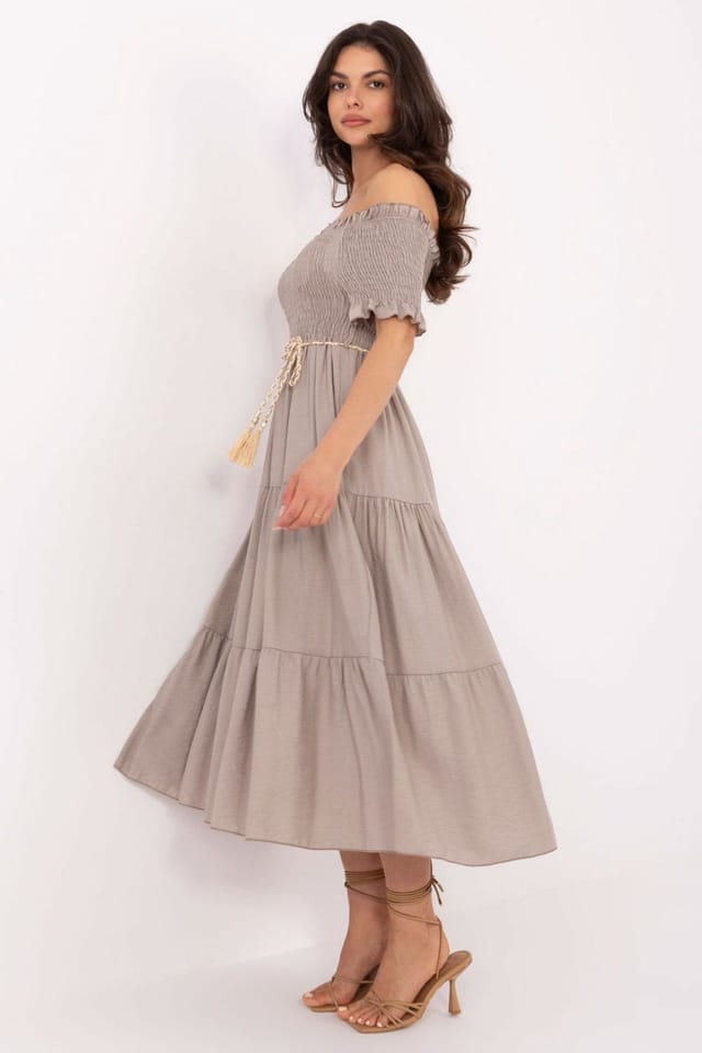 Love Lace Love Lace Women's Flared Summer Midi Dress Spanish Neck in Beige - 2