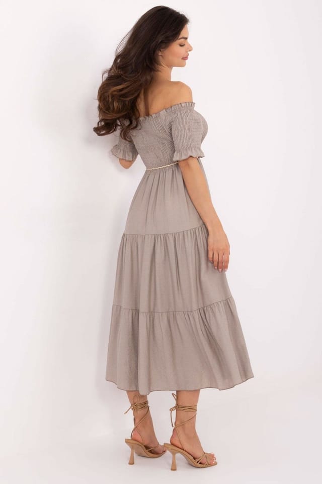 Love Lace Love Lace Women's Flared Summer Midi Dress Spanish Neck in Beige - 3