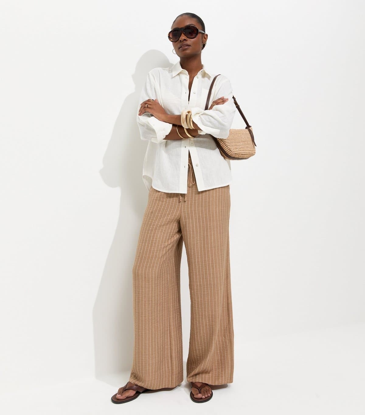 New Look Women's Camel Woven Striped Wide Leg Trousers New Look